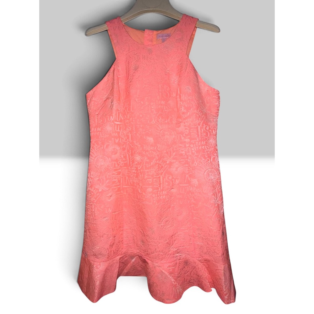 Lilly Pulitzer Coral Pink Jacquard Ruffle Hem Halter Dress Palm Tree Zip Sz 12